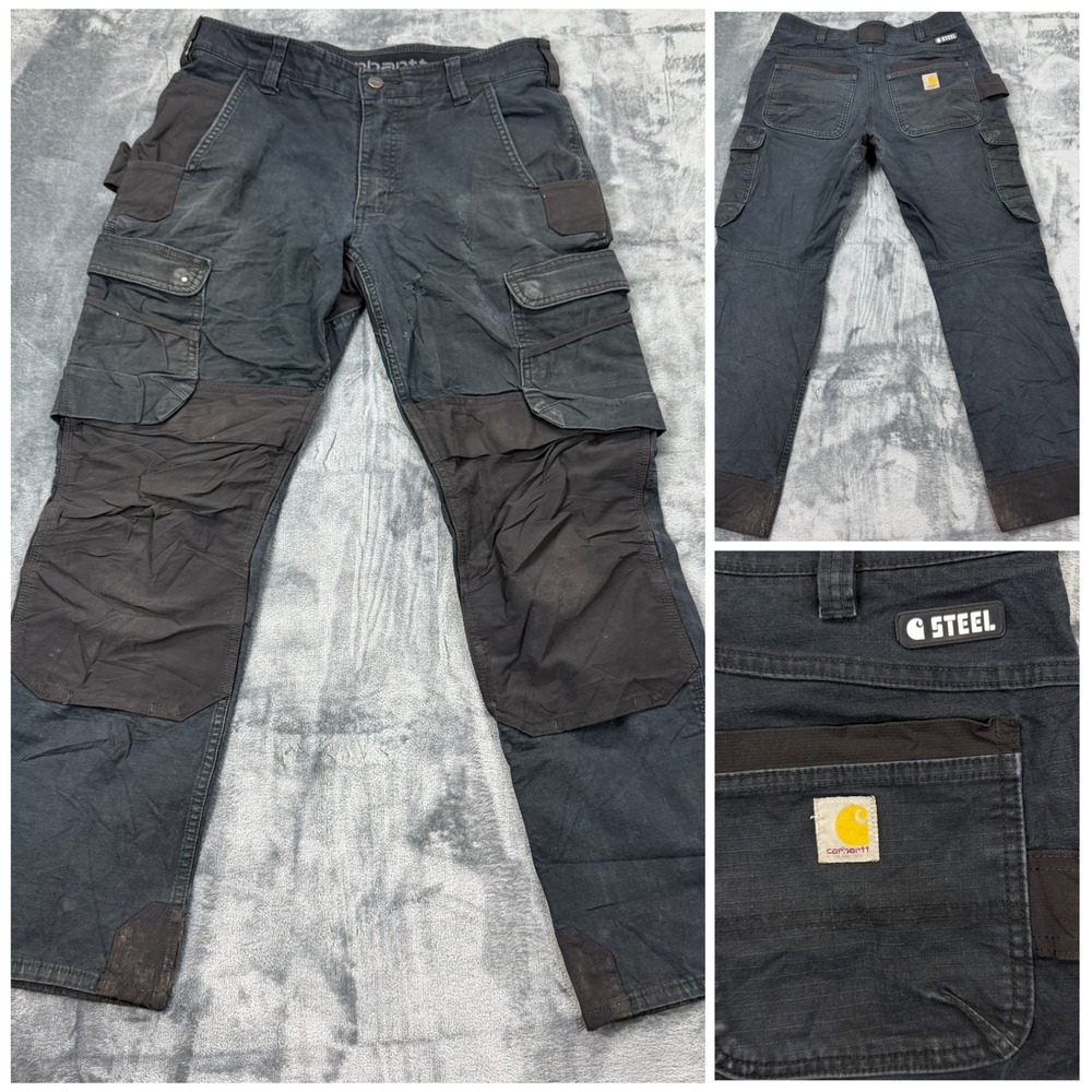 Carhartt Steel Fade Thrashed Distressed Double Knee Cargo Work Pants 32X30 Black